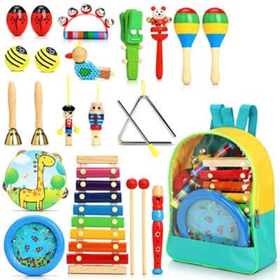 Jojoin Musical Instrument Set for Toddlers, 25PCS Upgrade Wooden Musical Percussion Instrument Suits Toys with Ocean Wave Bead Drum, Xylophone, Backpack for Preschool Kids' Holiday/Birthday Gifts