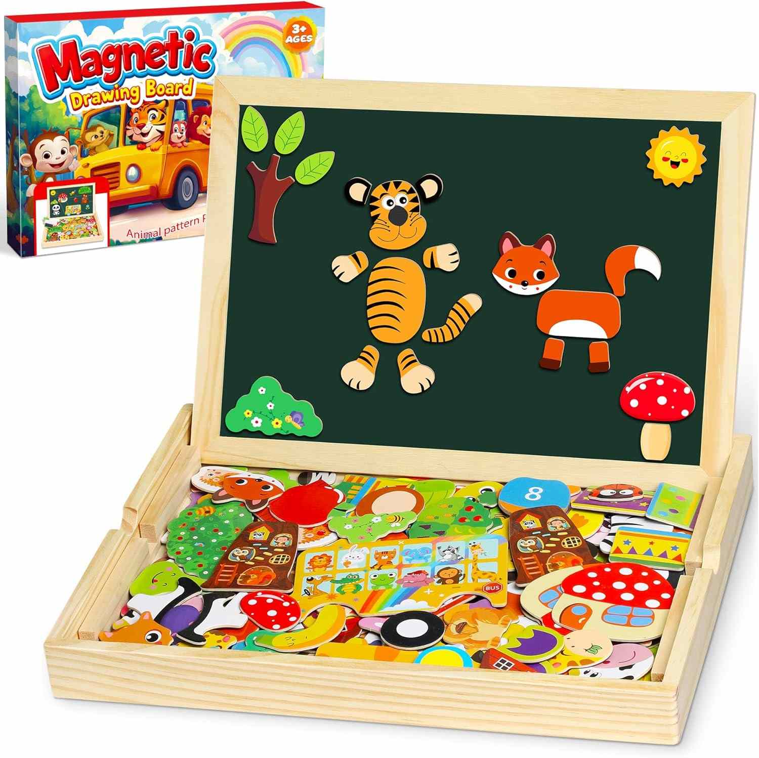 Jojoin 130 PCS Wooden Magnetic Puzzle - New Magnetic Puzzle Board - Cute Animal Fruit Pattern Games Double Sided Jigsaw - Montessori Educational Toys Easter Gift for 3 4 5 Year Old Boys Girls